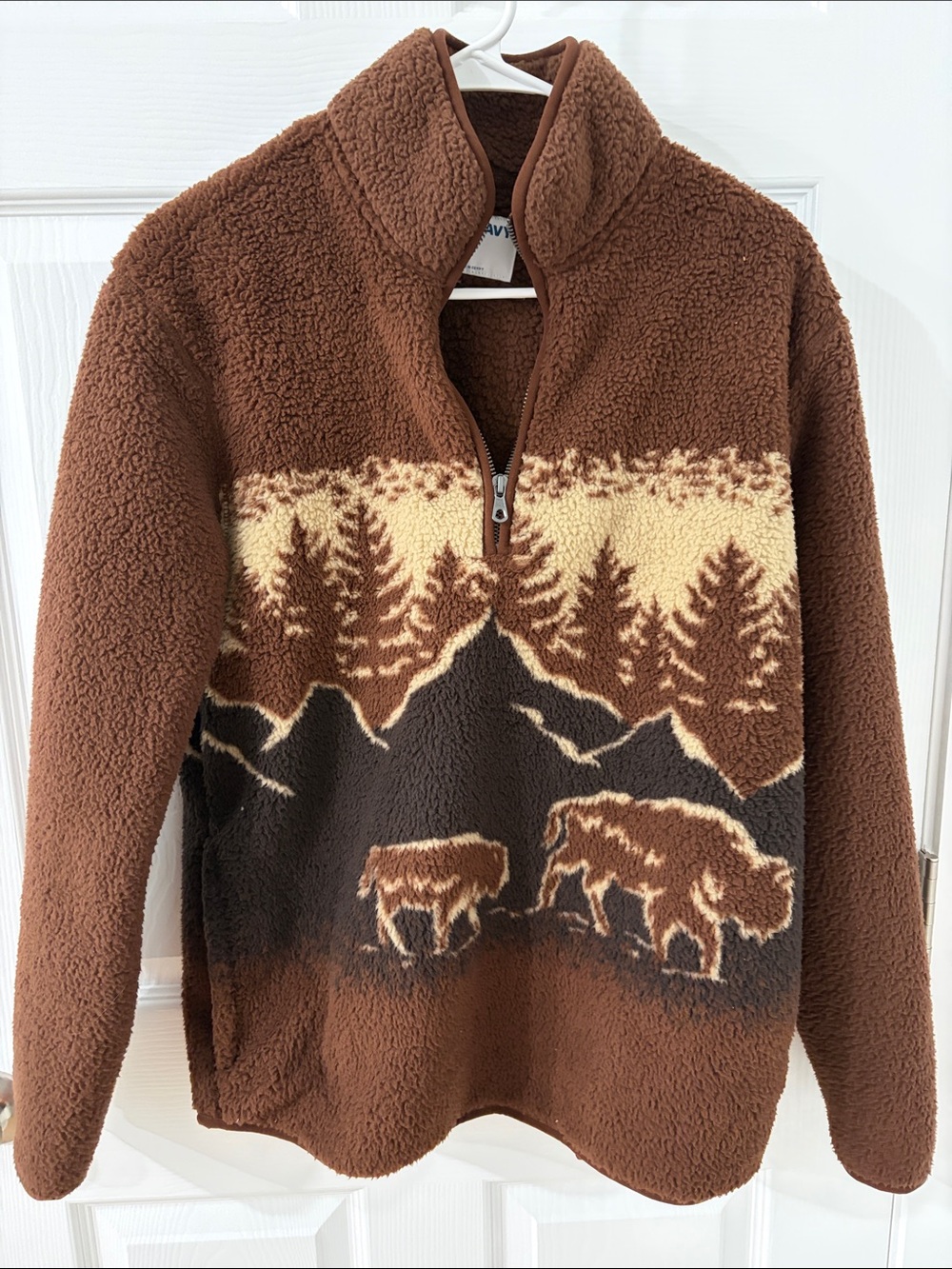 Old Navy Brown Sherpa Zip-Up Pullover with Scenic Bison Print